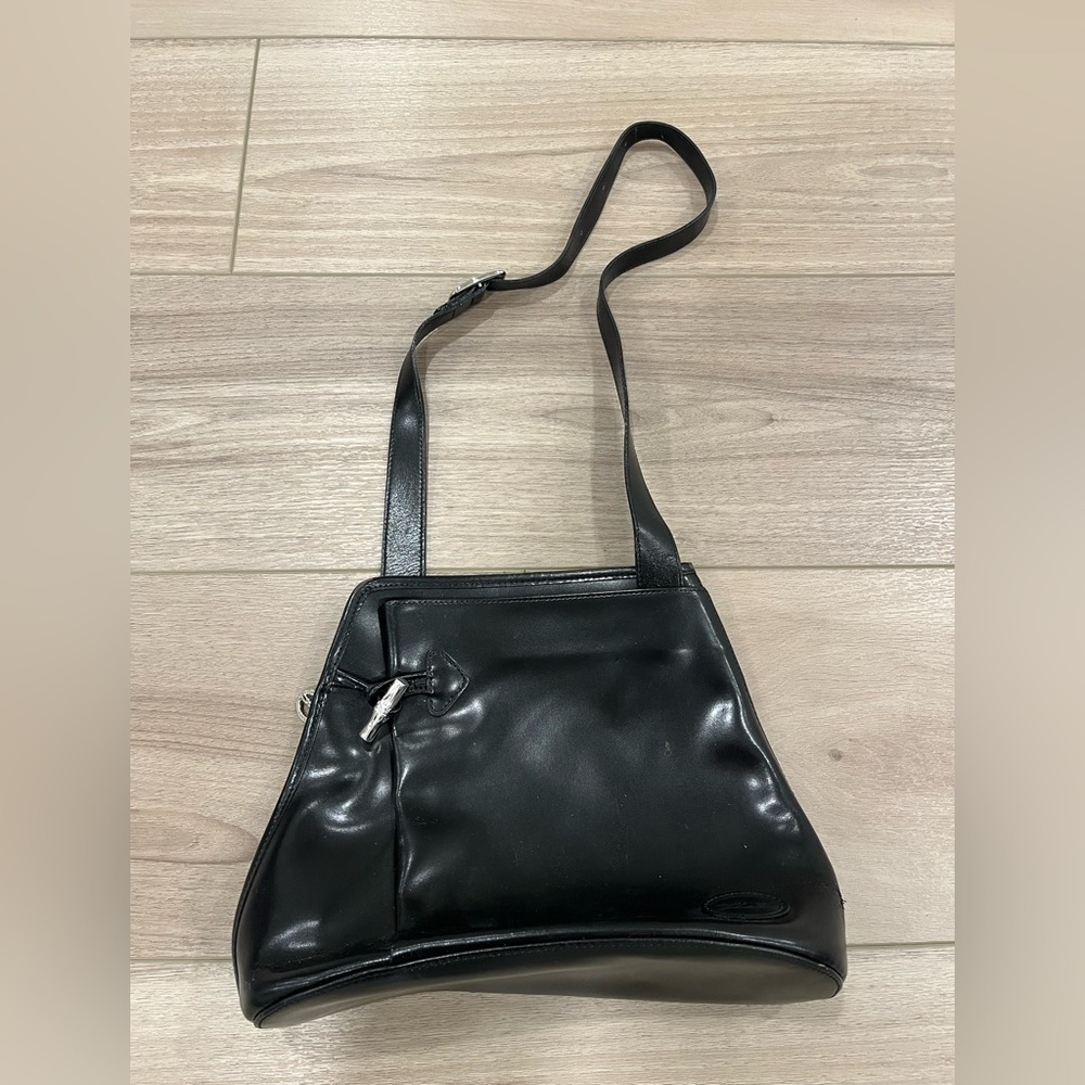 Vintage Longchamp Roseau Black Leather Shoulder Bag Silver Bamboo Toggle Purse